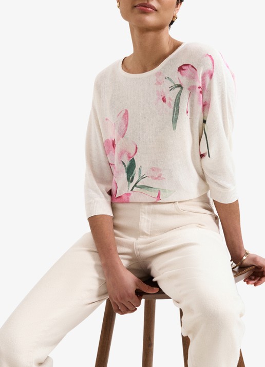 Phase Eight Lorelei fijngebreide trui in linnenblend met bloemenprint - detail 3 roze