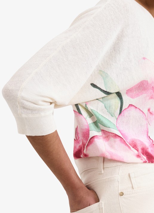Phase Eight Lorelei fijngebreide trui in linnenblend met bloemenprint - detail 4 roze