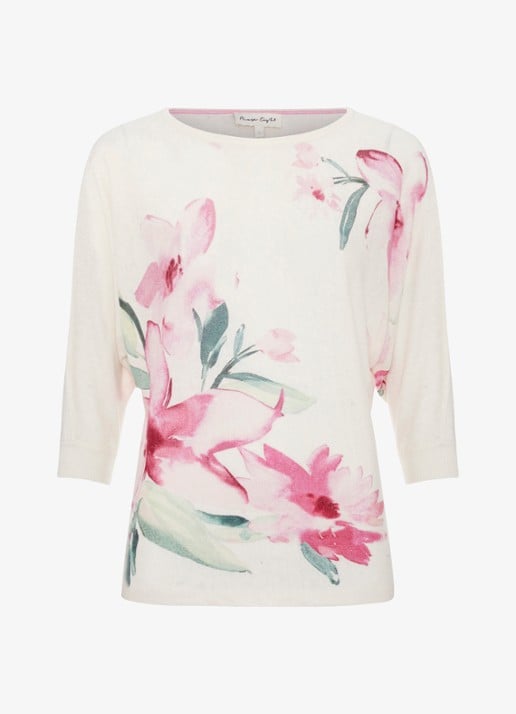 Phase Eight Lorelei fijngebreide trui in linnenblend met bloemenprint - voorkant 6 roze