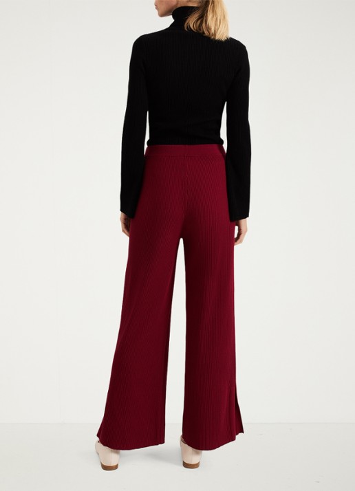 Phase Eight Lori ribgebreide high waist wide fit broek - achterkant 3 bordeauxrood