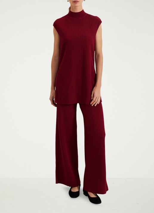 Phase Eight Lori ribgebreide high waist wide fit broek - detail 7 bordeauxrood