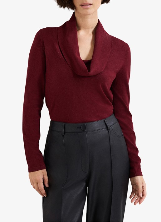Phase Eight Lottie fijngebreide top met watervalhals - detail 3 bordeauxrood