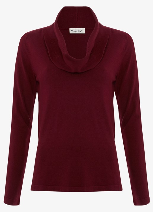 Phase Eight Lottie fijngebreide top met watervalhals - voorkant bordeauxrood