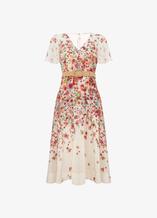 Phase Eight Lovette midi jurk in linnenblend met bloemenprint - voorkant 2 cream
