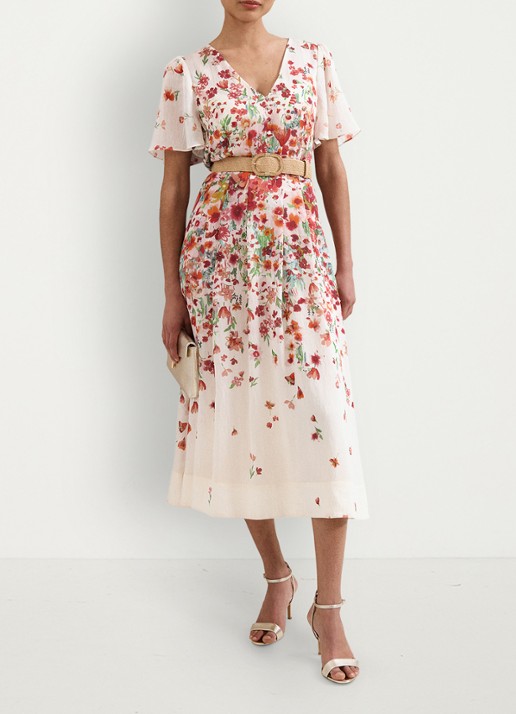Phase Eight Lovette midi jurk in linnenblend met bloemenprint - voorkant 3 cream