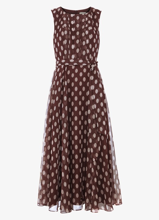 Phase Eight Lucinda midi jurk met stippenprint en plooien  - voorkant bruin