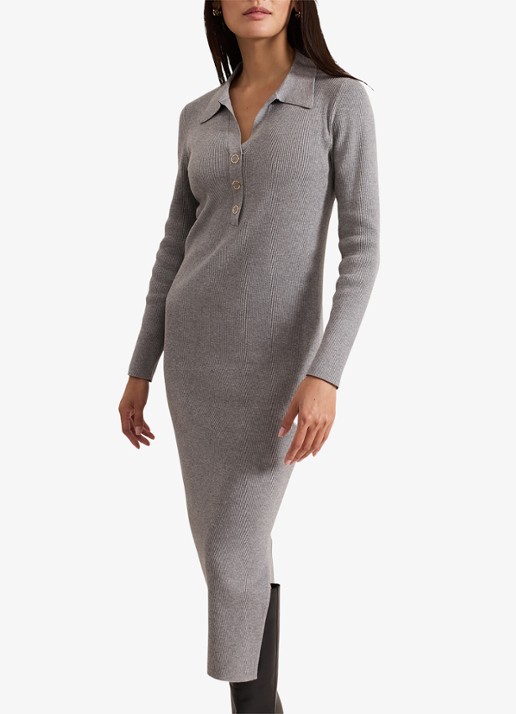 Phase Eight Lucy midi jurk met ribstructuur en split - voorkant 2 grijs