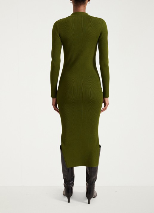 Phase Eight Lucy ribgebreide midi jurk met kraag - achterkant 6 olijfgroen