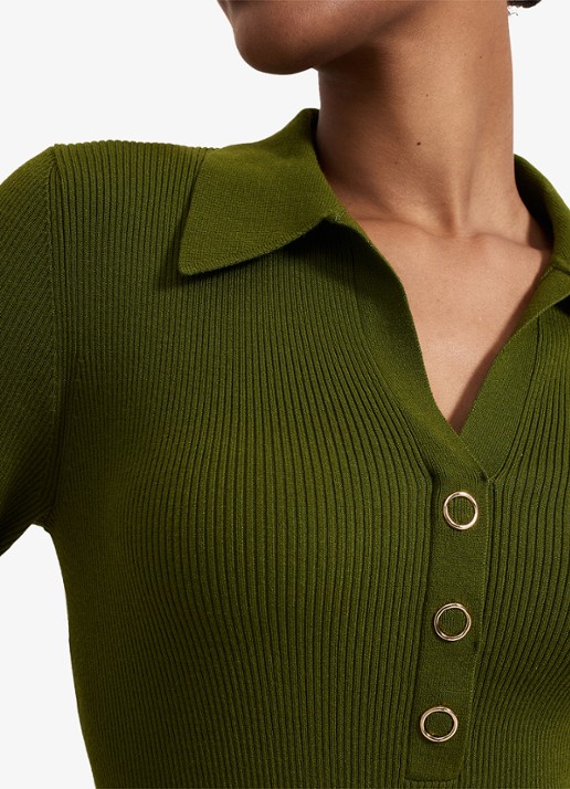 Phase Eight Lucy ribgebreide midi jurk met kraag - detail 4 olijfgroen