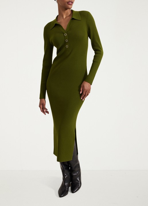 Phase Eight Lucy ribgebreide midi jurk met kraag - voorkant 2 olijfgroen