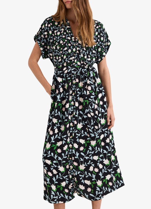 Phase Eight Luisa midi jurk met steekzakken en bloemenprint - voorkant 2 zwart