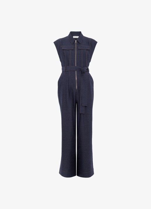 Phase Eight Luiza wide fit jumpsuit in linnenblend met strikceintuur - voorkant 4 donkerblauw