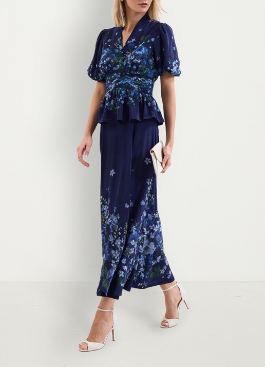 Phase Eight Maeve midi rok met bloemenprint - voorkant 7 donkerblauw