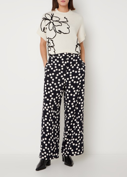 Phase Eight Mairead high waist wide fit pantalon met stippenprint - voorkant 2 donkerblauw
