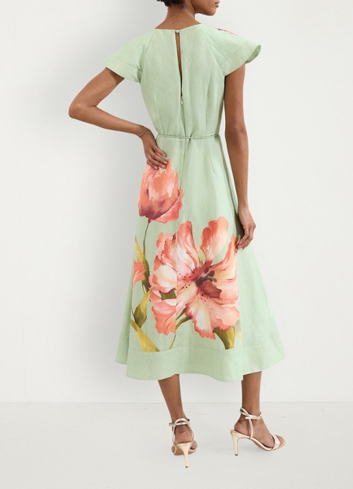 Phase Eight Matilda midi jurk in linnenblend met bloemenprint - achterkant 7 groen