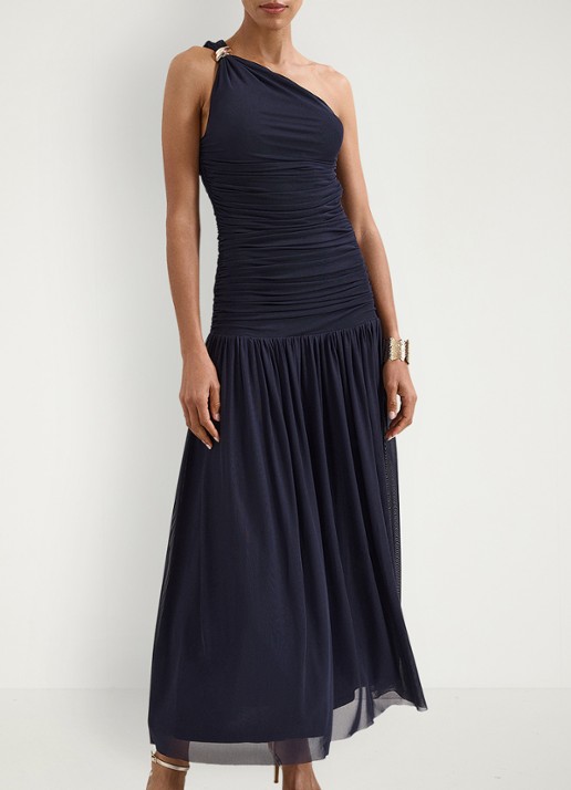 Phase Eight Melina one shoulder maxi jurk met plooidetail - detail 3 donkerblauw