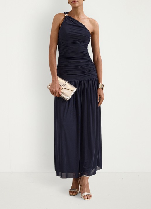 Phase Eight Melina one shoulder maxi jurk met plooidetail - voorkant 2 donkerblauw
