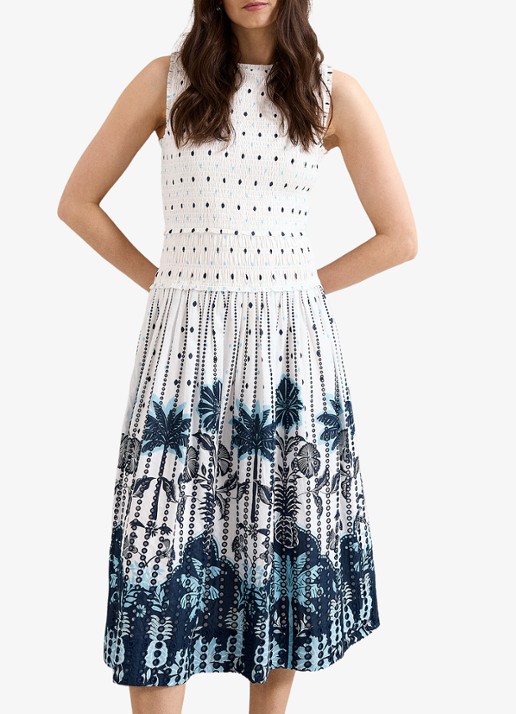 Phase Eight Midi jurk met stippenprint en smockwerk