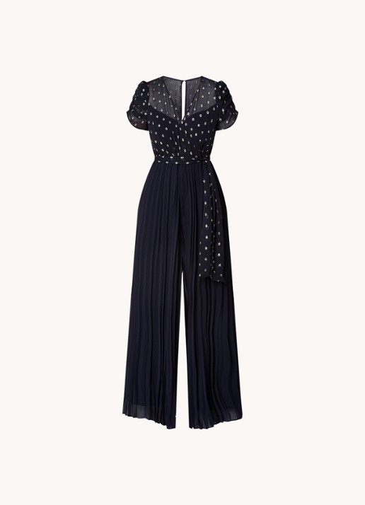 Phase Eight Molli wide fit jumpsuit met stippenprint en strikceintuur - voorkant donkerblauw