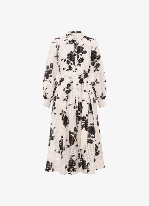 Phase Eight Natalie midi blousejurk met bloemenprint en strikceintuur - voorkant 2 ivoor