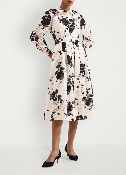 Phase Eight Natalie midi blousejurk met bloemenprint en strikceintuur - voorkant 3 ivoor