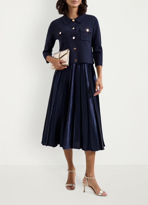 Phase Eight Penny midi jurk met plooien - voorkant 2 donkerblauw