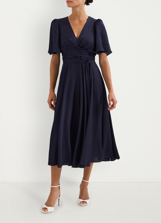 Phase Eight Petite Abbie midi jurk met strikceintuur - voorkant 3 donkerblauw