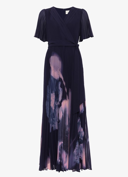 Phase Eight Petite Abigail maxi jurk met bloemenprint en plissé - voorkant donkerblauw