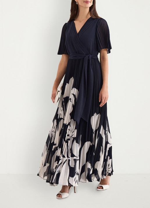 Phase Eight Petite Abigail maxi wikkeljurk met plooien - voorkant 3 donkerblauw