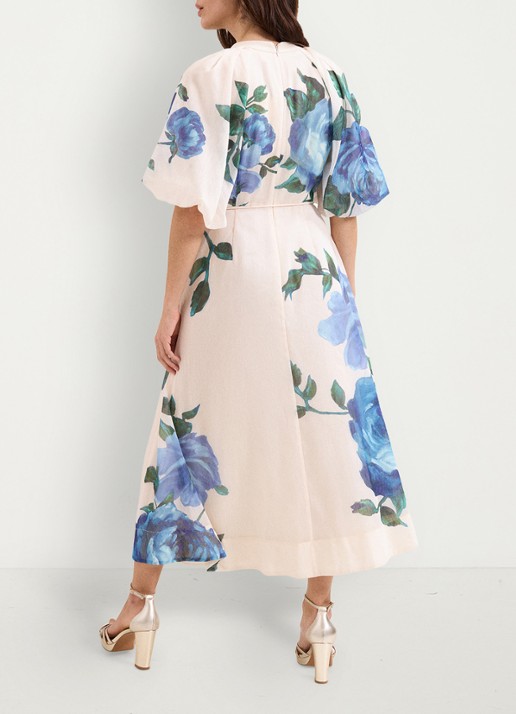 Phase Eight Petite Adeline midi jurk in linnenblend met bloemenprint - achterkant blauw