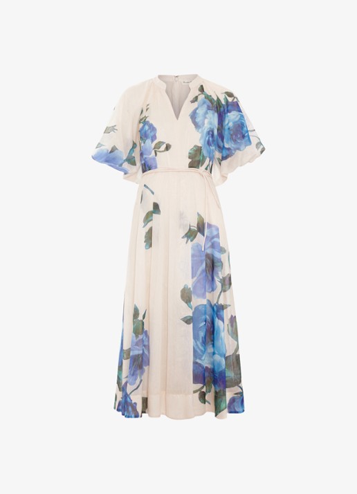 Phase Eight Petite Adeline midi jurk in linnenblend met bloemenprint - voorkant 2 blauw