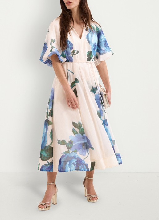 Phase Eight Petite Adeline midi jurk in linnenblend met bloemenprint - voorkant 3 blauw