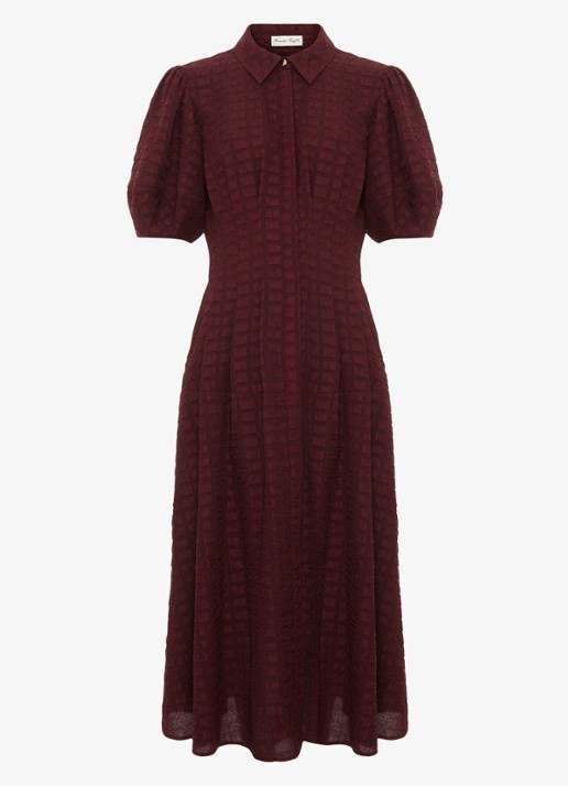 Phase Eight Petite Yasmine midi jurk met pofmouw en steekzakken - voorkant 7 bordeauxrood