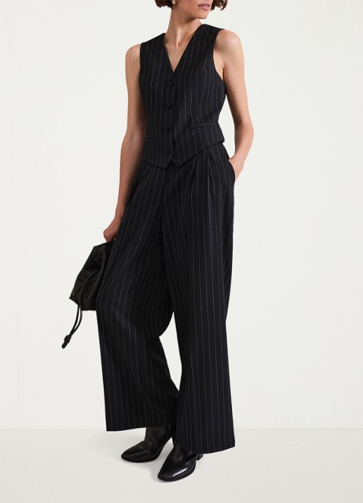 Phase Eight Pia high waist wide fit pantalon met krijtstreep en lurex - voorkant 2 donkerblauw