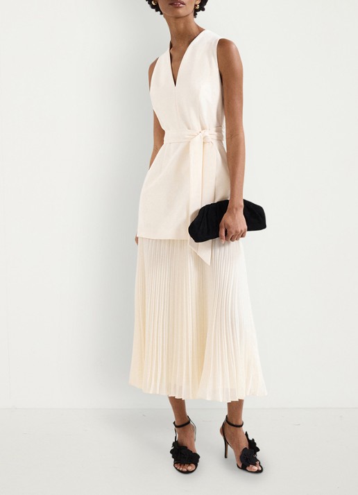 Phase Eight Pia midi jurk met strikceintuur en plooien - voorkant 3 ivory