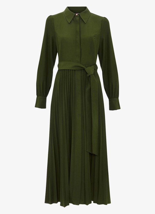 Phase Eight Pleated midi jurk met pofmouwen - voorkant olijfgroen
