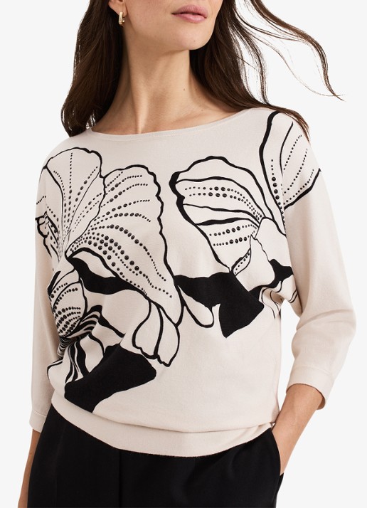 Phase Eight Poppie fijngebreide top met bladprint en studs - detail 5 ivoor