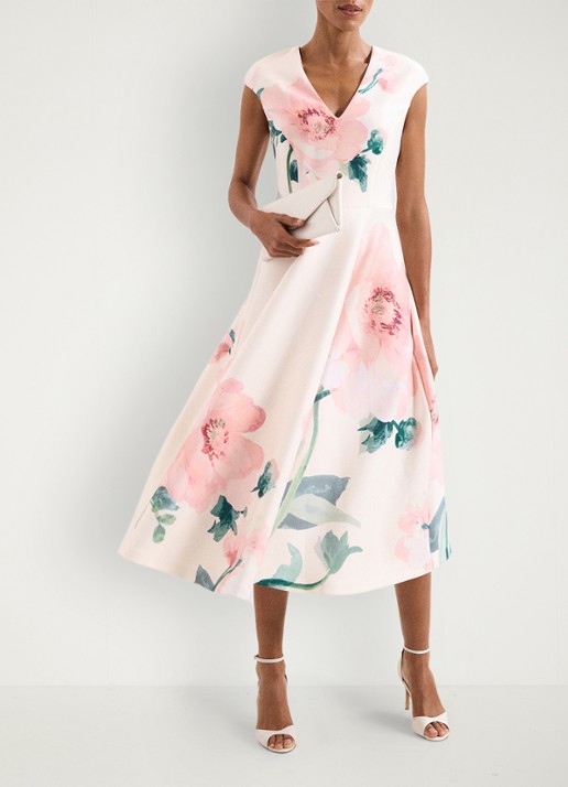 Phase Eight Rakhi Scuba Floral midi jurk met print - voorkant 2 oudroze
