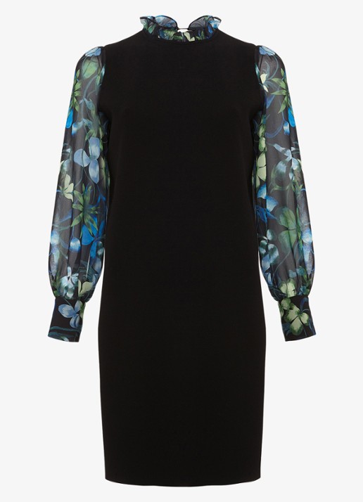 Phase Eight Ramona midi jurk met ballonmouw en bloemenprint - voorkant zwart