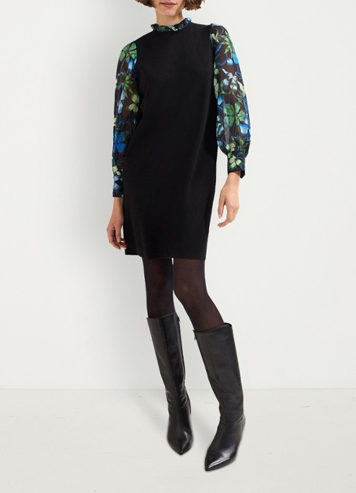 Phase Eight Ramona midi jurk met ballonmouw en bloemenprint - voorkant 2 zwart
