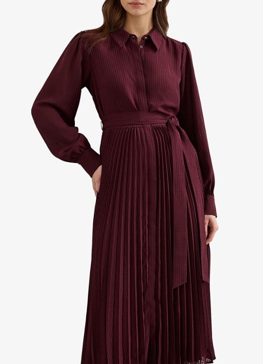 Phase Eight Ren midi blousejurk met print en strikceintuur - detail 3 bordeauxrood