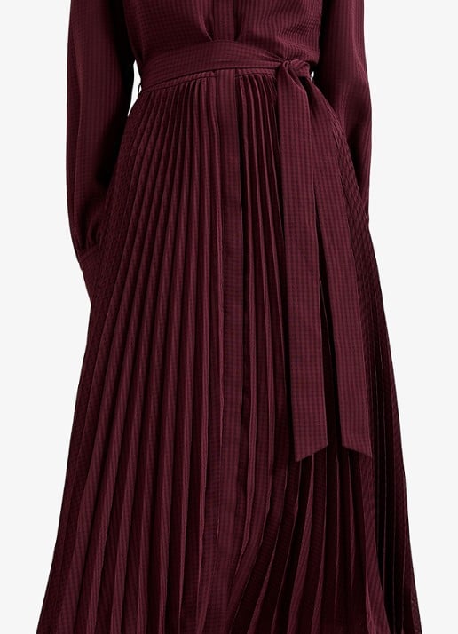 Phase Eight Ren midi blousejurk met print en strikceintuur - detail 5 bordeauxrood