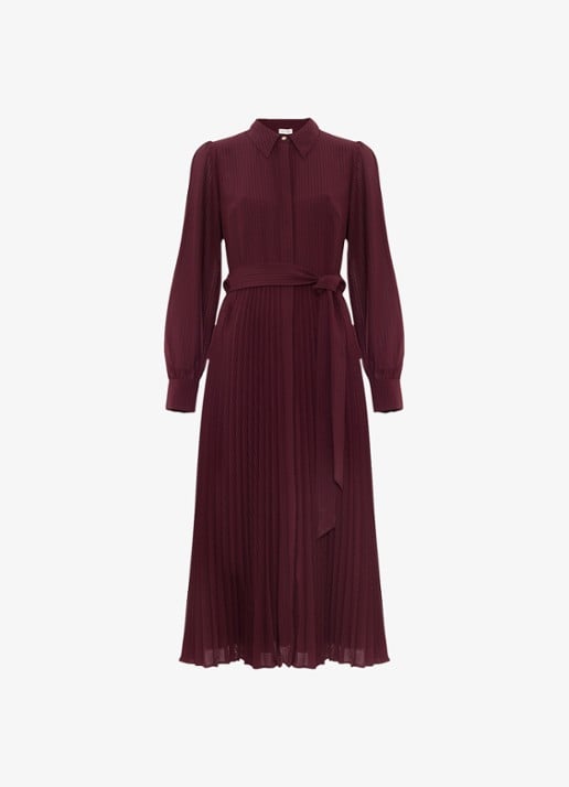 Phase Eight Ren midi blousejurk met print en strikceintuur - voorkant bordeauxrood