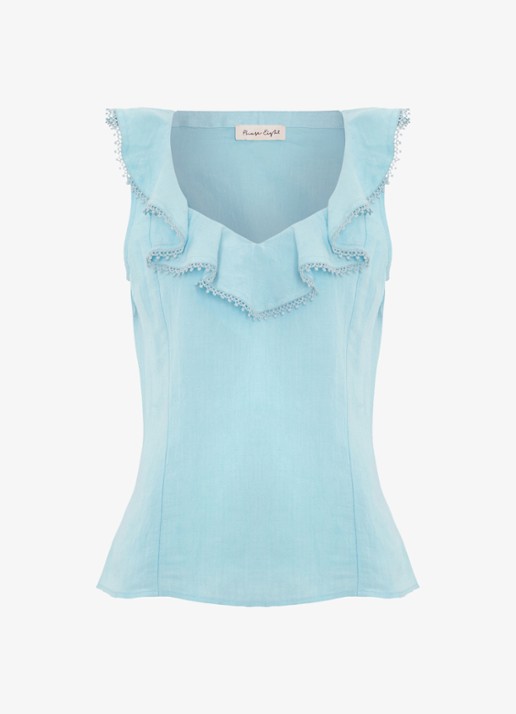 Phase Eight Rhona top in linnenblend met volant - voorkant lichtblauw