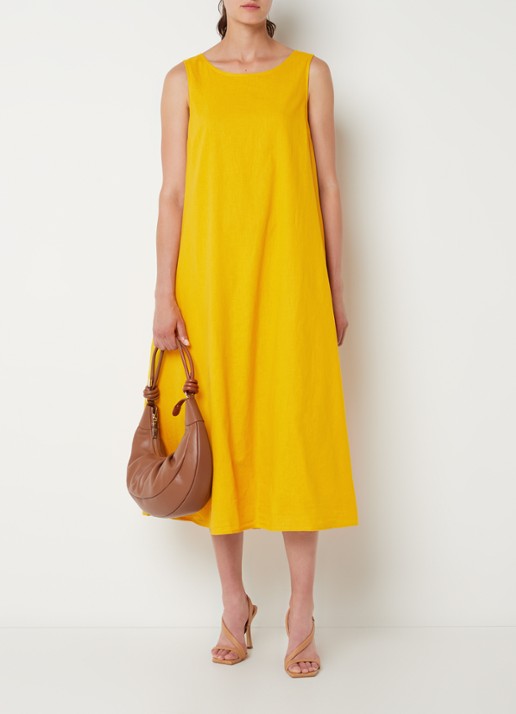 Phase Eight Shelia midi jurk in linnenblend met rugdecolleté  - voorkant 4 okergeel