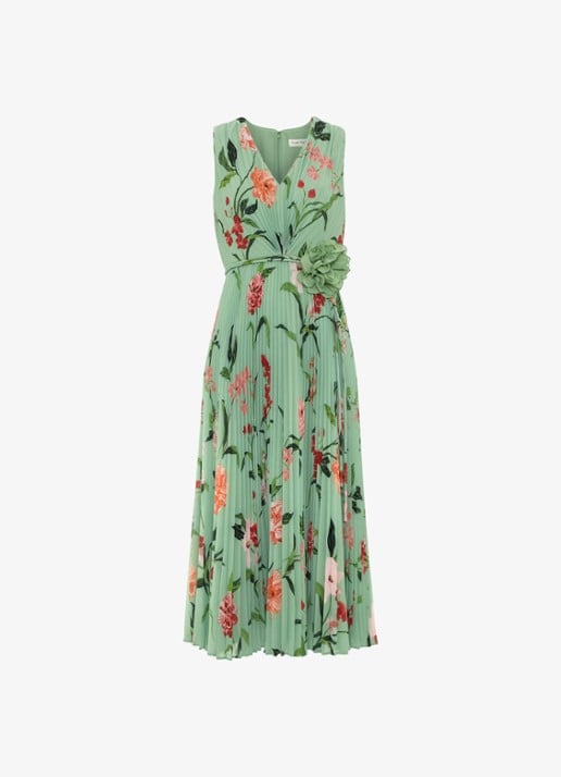 Phase Eight Simara midi jurk met bloemenprint en strikceintuur - voorkant lindegroen