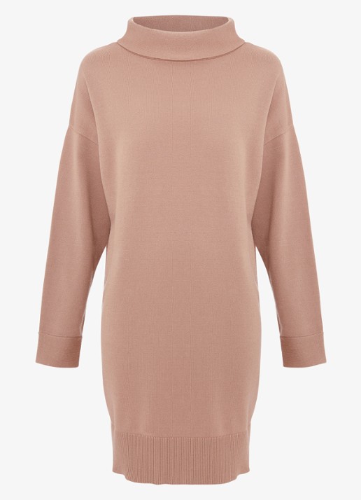 Phase Eight Skylar mini fijngebreide trui-jurk met opstaande kraag  - voorkant camel