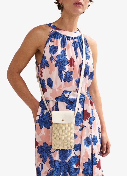 Phase Eight Telefoonhoesje van raffia met schouderriem - voorkant 2 khaki