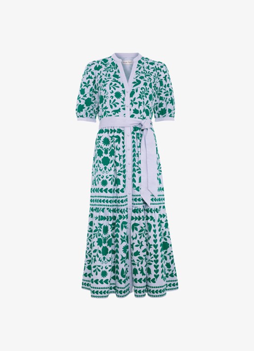 Phase Eight Trinity midi blousejurk met strikceintuur - voorkant donkerblauw