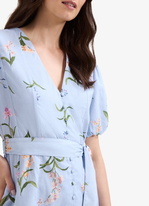 Phase Eight Velma mini jurk met bloemenprint en strikceintuur - detail 4 lichtblauw